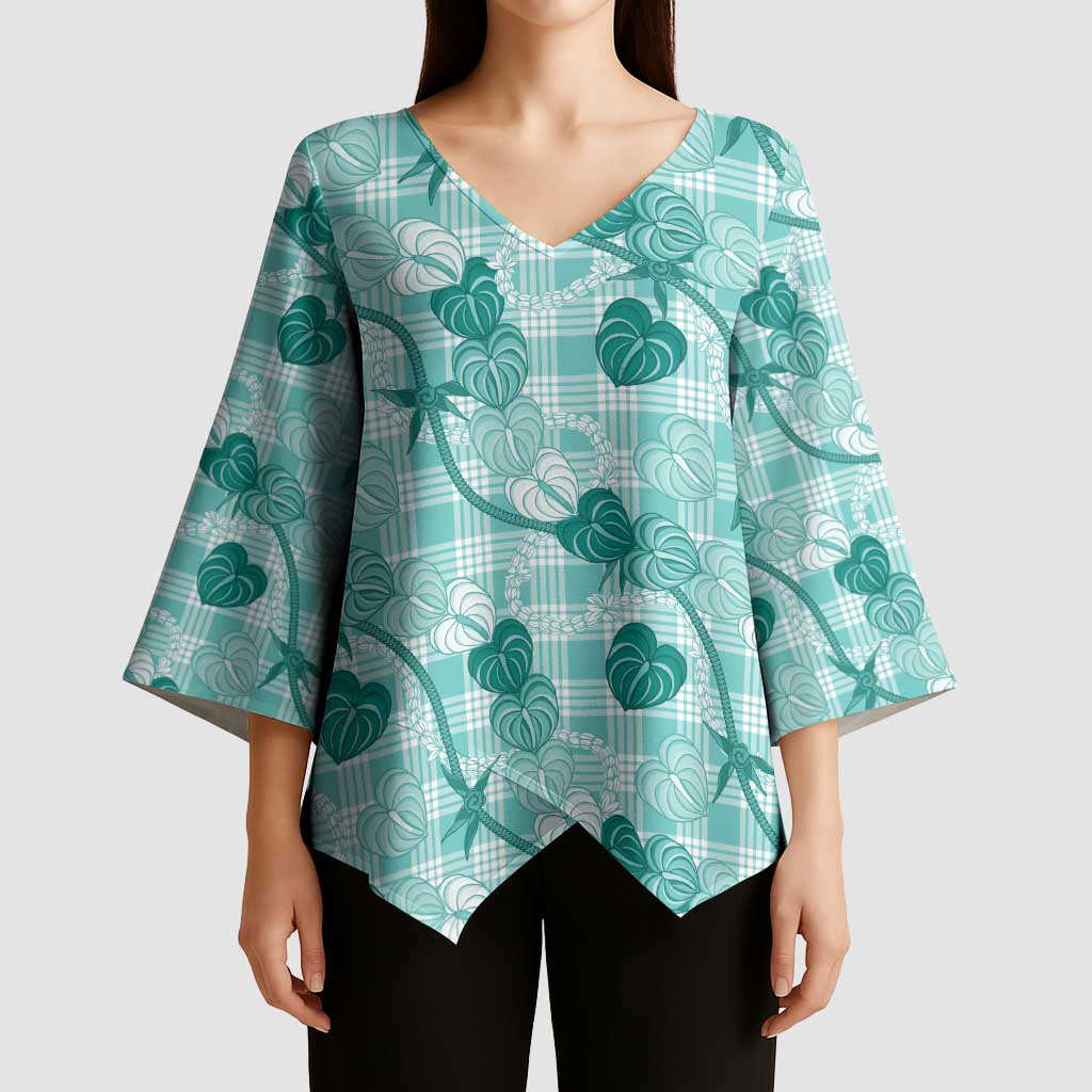 Anthurium Pikake Ti Leaf Palaka Kimono Sleeve Blouse Turquoise Version