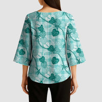 Anthurium Pikake Ti Leaf Palaka Kimono Sleeve Blouse Turquoise Version