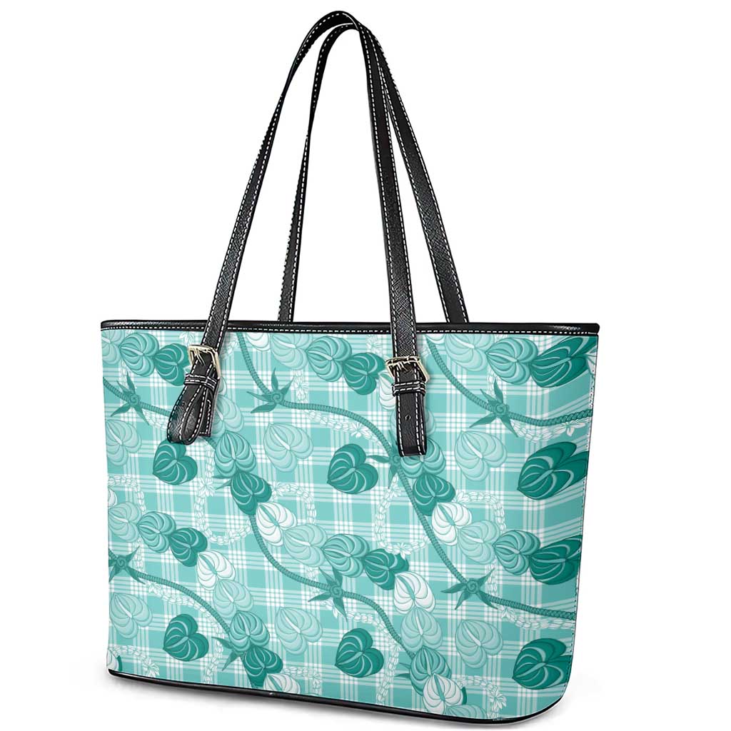 Anthurium Pikake Ti Leaf Palaka Leather Tote Bag Turquoise Version LT01 - Polynesian Pride