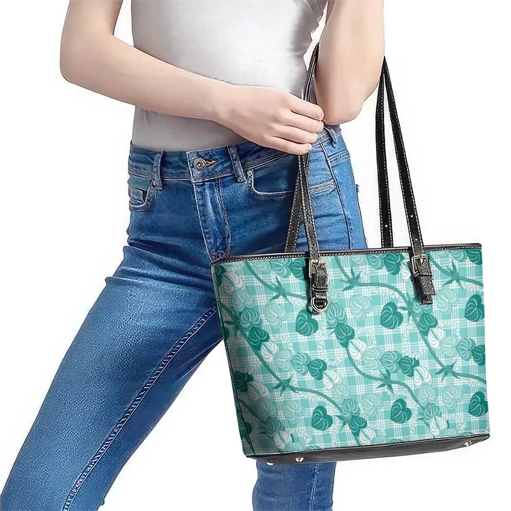 Anthurium Pikake Ti Leaf Palaka Leather Tote Bag Turquoise Version LT01 - Polynesian Pride