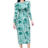 Anthurium Pikake Ti Leaf Palaka Long Sleeve Bodycon Dress Turquoise Version LT01 Long Dress Turquoise - Polynesian Pride