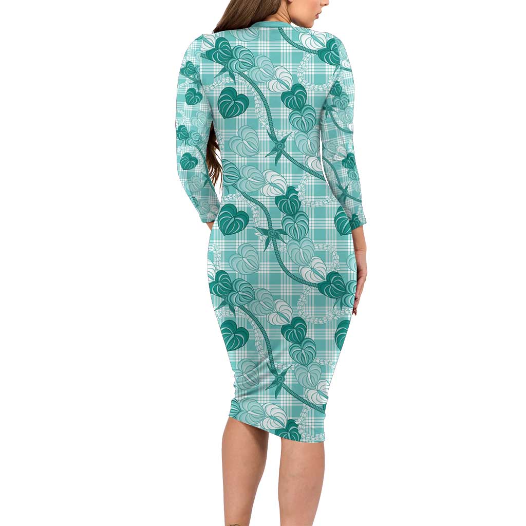 Anthurium Pikake Ti Leaf Palaka Long Sleeve Bodycon Dress Turquoise Version LT01 - Polynesian Pride