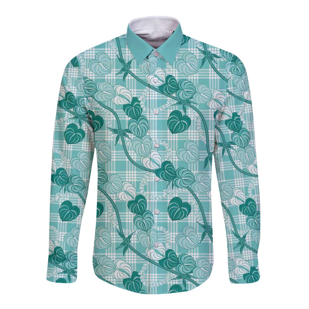 Anthurium Pikake Ti Leaf Palaka Long Sleeve Button Shirt Turquoise Version LT01 Unisex Turquoise - Polynesian Pride
