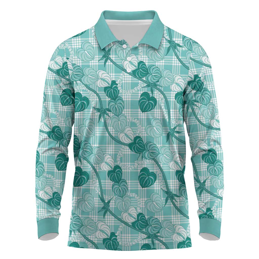 Anthurium Pikake Ti Leaf Palaka Long Sleeve Polo Shirt Turquoise Version LT01 Turquoise - Polynesian Pride