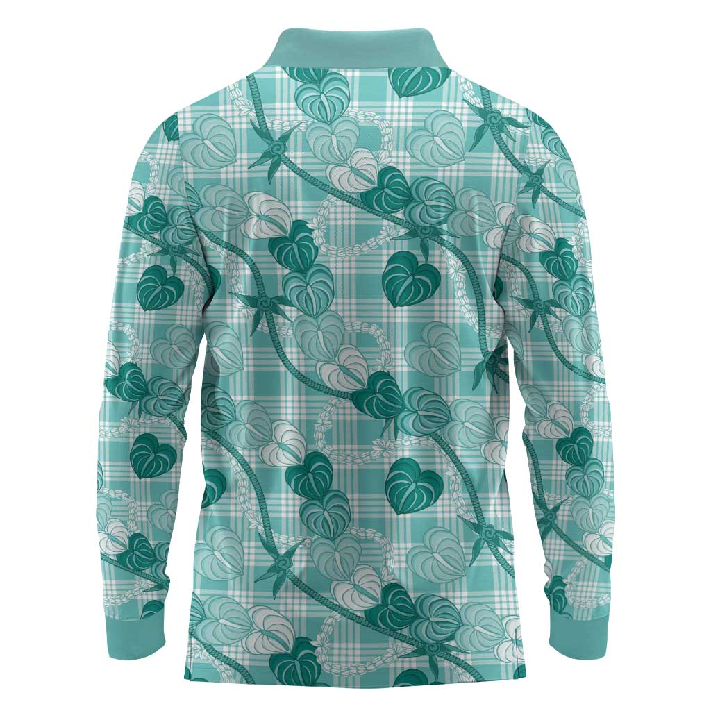 Anthurium Pikake Ti Leaf Palaka Long Sleeve Polo Shirt Turquoise Version LT01 - Polynesian Pride