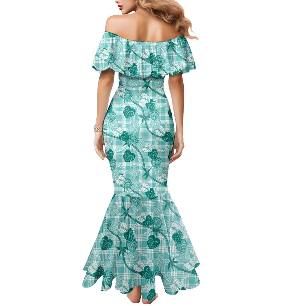 Anthurium Pikake Ti Leaf Palaka Mermaid Dress Turquoise Version LT01 - Polynesian Pride