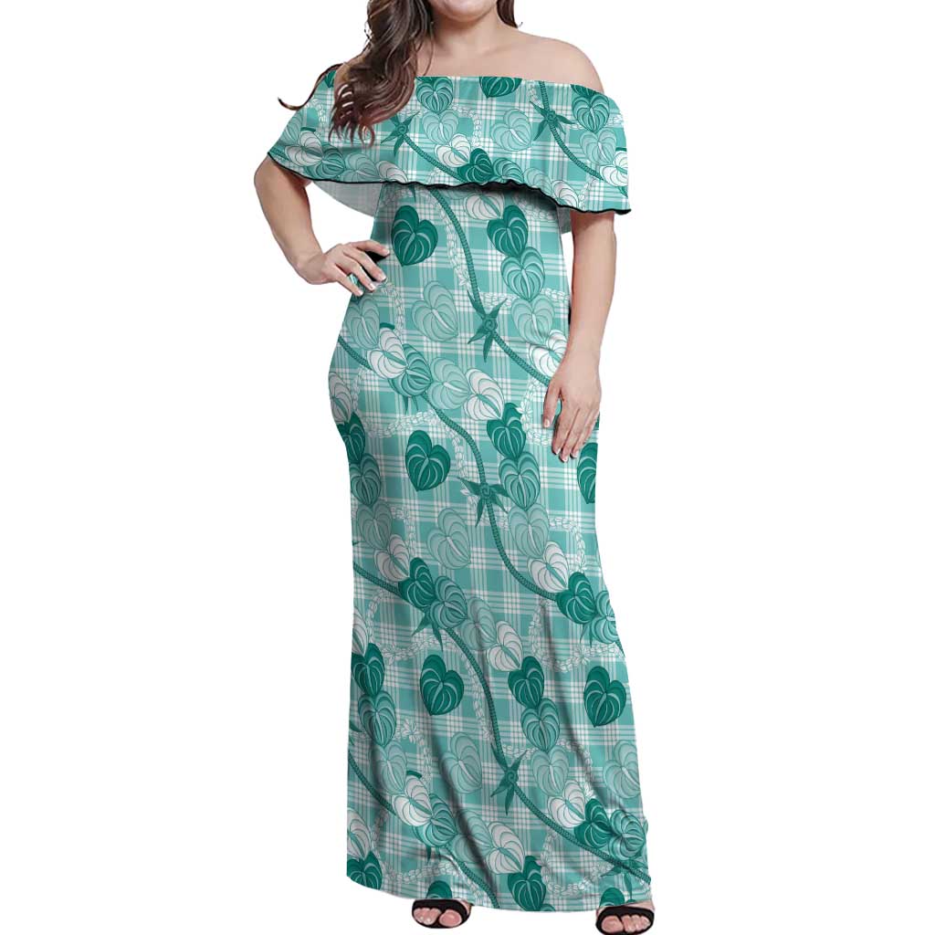 Anthurium Pikake Ti Leaf Palaka Off Shoulder Maxi Dress Turquoise Version LT01 Women Turquoise - Polynesian Pride