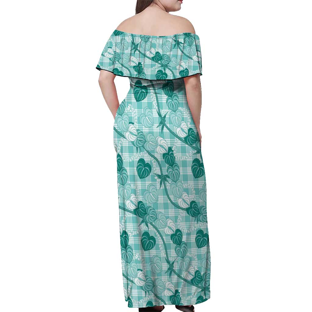 Anthurium Pikake Ti Leaf Palaka Off Shoulder Maxi Dress Turquoise Version LT01 - Polynesian Pride