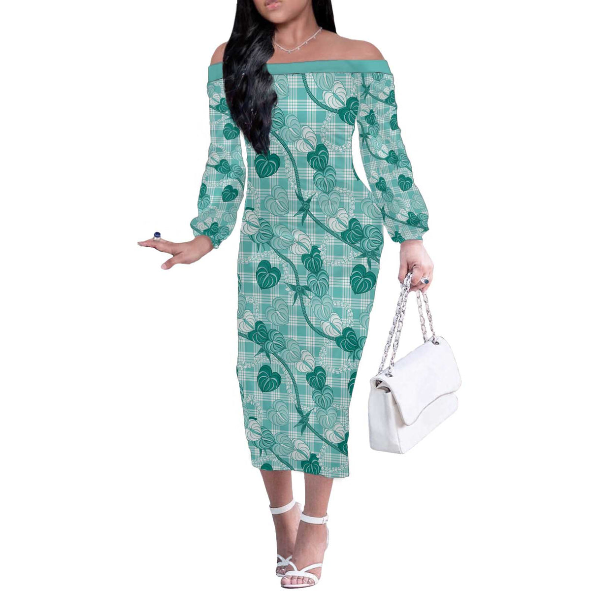 Anthurium Pikake Ti Leaf Palaka Off The Shoulder Long Sleeve Dress Turquoise Version LT01 Women Turquoise - Polynesian Pride