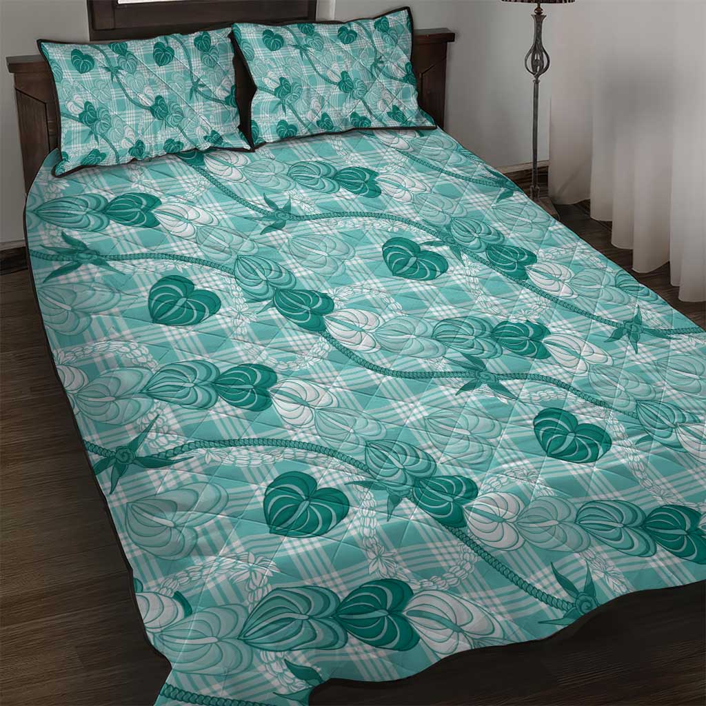 Anthurium Pikake Ti Leaf Palaka Quilt Bed Set Turquoise Version LT01 Turquoise - Polynesian Pride