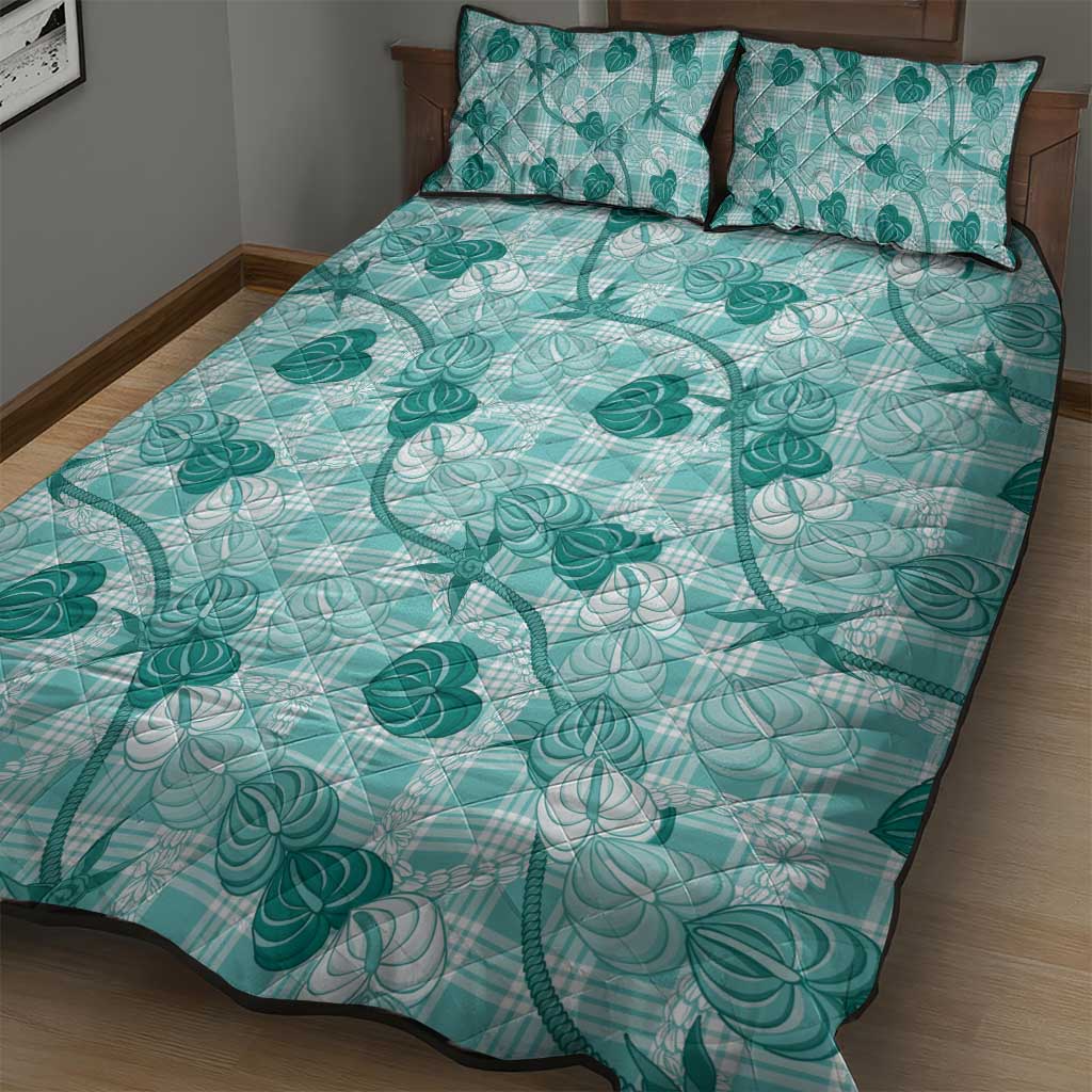 Anthurium Pikake Ti Leaf Palaka Quilt Bed Set Turquoise Version LT01 - Polynesian Pride
