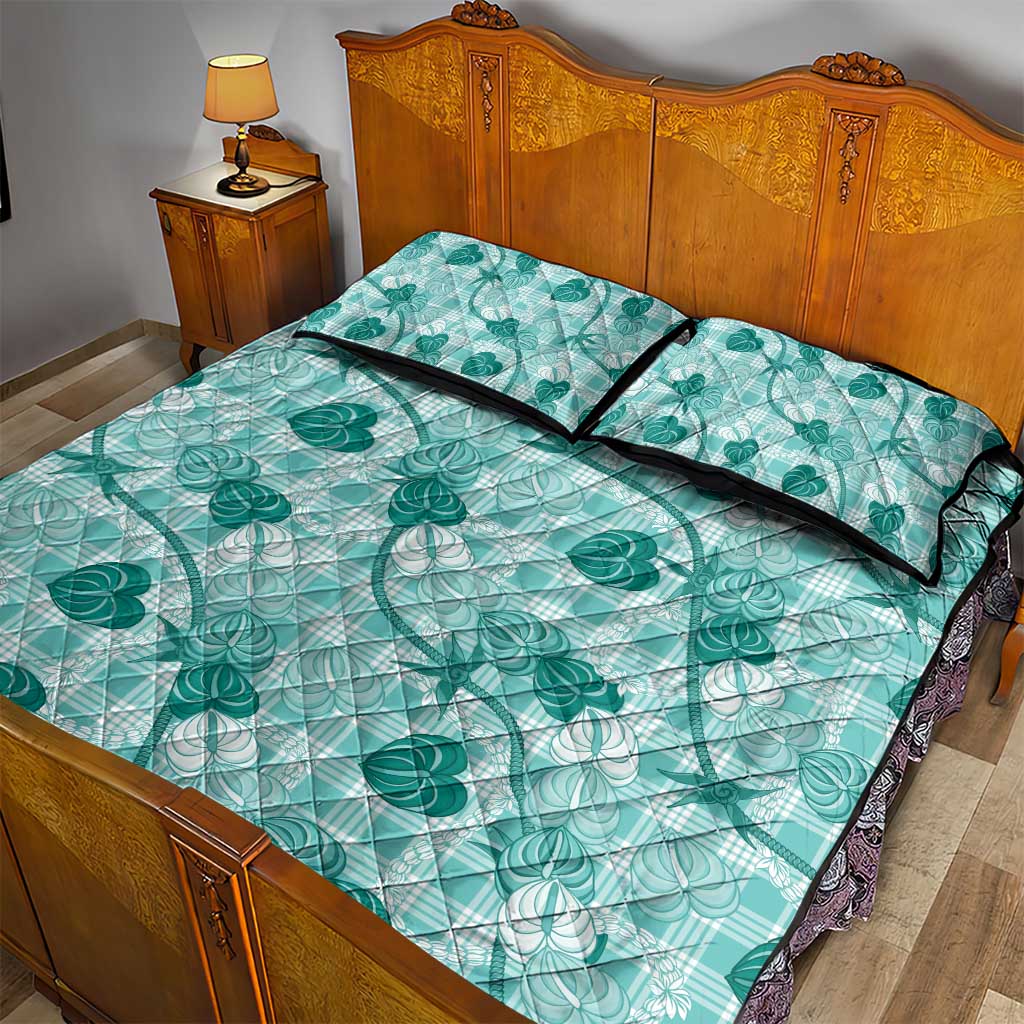 Anthurium Pikake Ti Leaf Palaka Quilt Bed Set Turquoise Version LT01 - Polynesian Pride