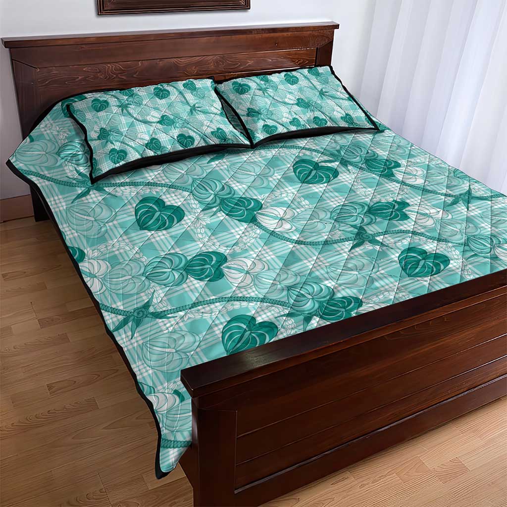 Anthurium Pikake Ti Leaf Palaka Quilt Bed Set Turquoise Version LT01 - Polynesian Pride