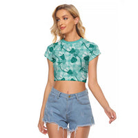 Anthurium Pikake Ti Leaf Palaka Raglan Cropped T Shirt Turquoise Version LT01 Female Turquoise - Polynesian Pride
