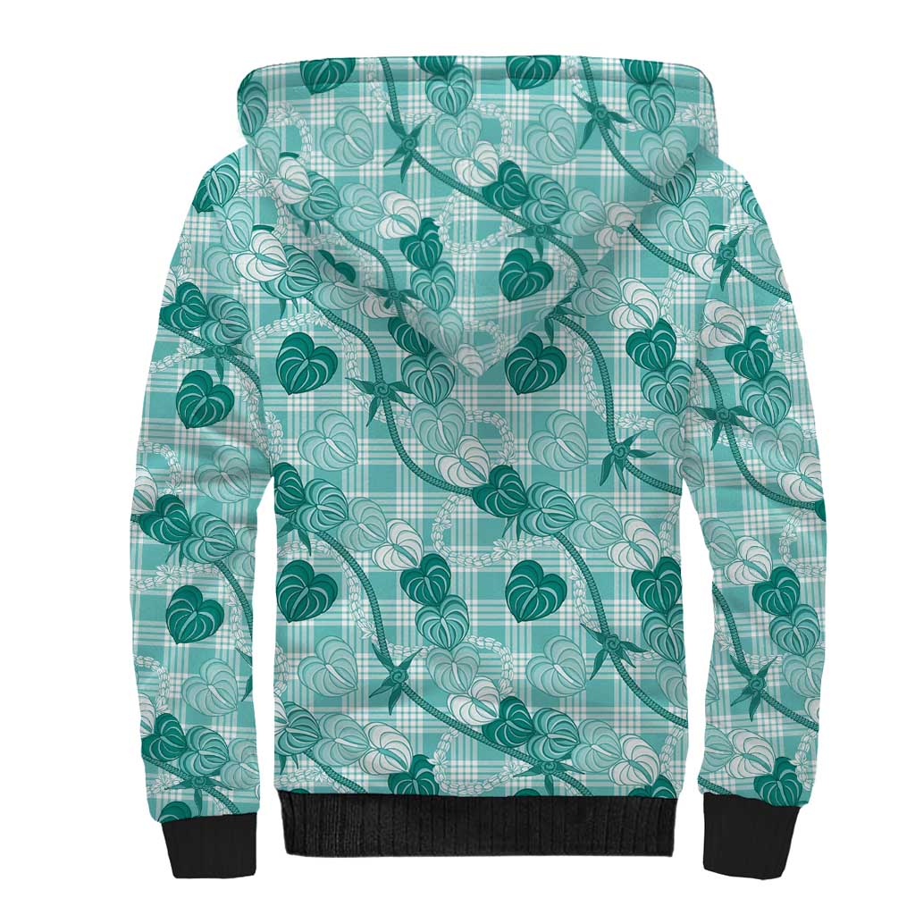 Anthurium Pikake Ti Leaf Palaka Sherpa Hoodie Turquoise Version LT01 - Polynesian Pride