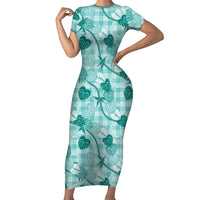 Anthurium Pikake Ti Leaf Palaka Short Sleeve Bodycon Dress Turquoise Version LT01 Long Dress Turquoise - Polynesian Pride