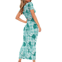 Anthurium Pikake Ti Leaf Palaka Short Sleeve Bodycon Dress Turquoise Version LT01 - Polynesian Pride