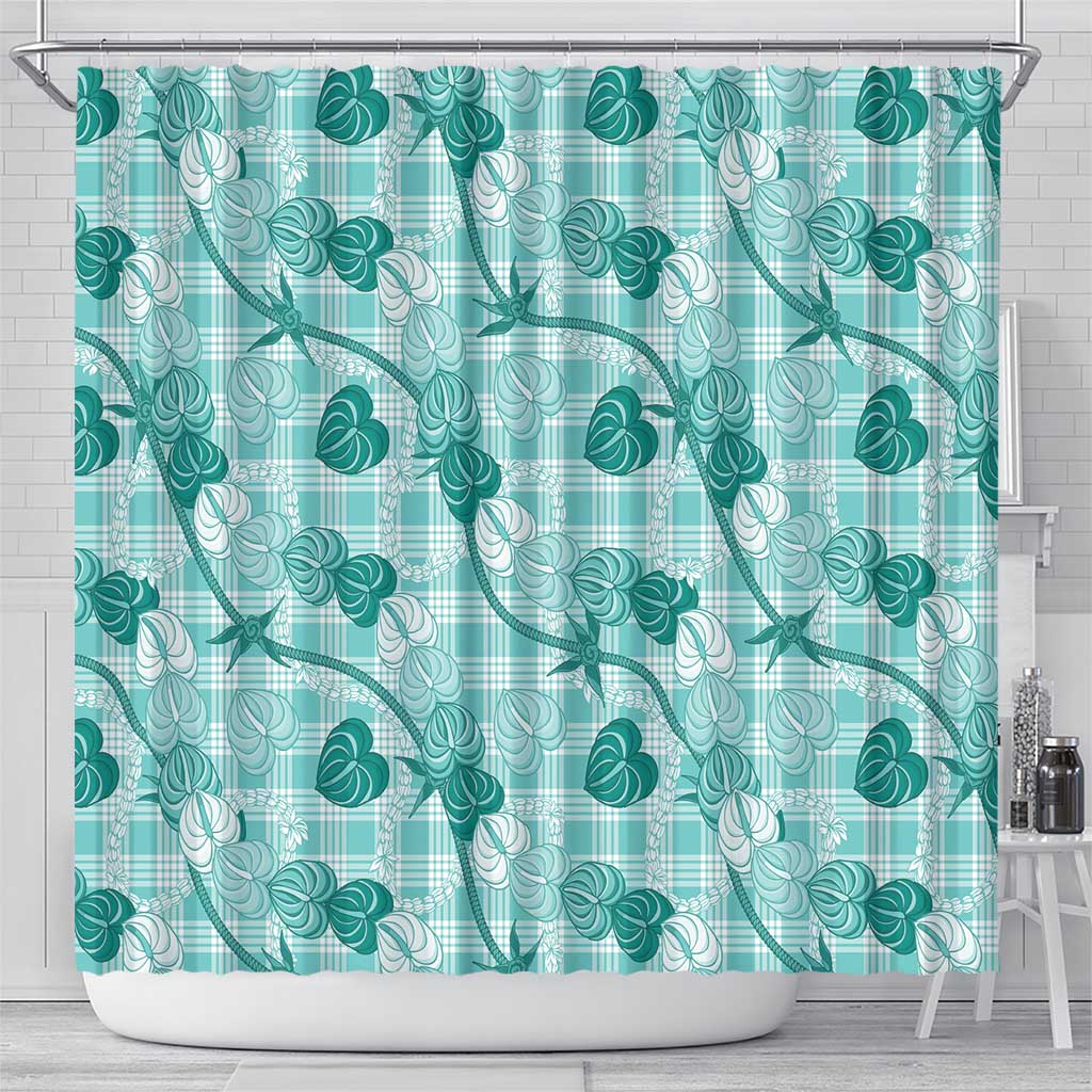 Anthurium Pikake Ti Leaf Palaka Shower Curtain Turquoise Version LT01 - Polynesian Pride