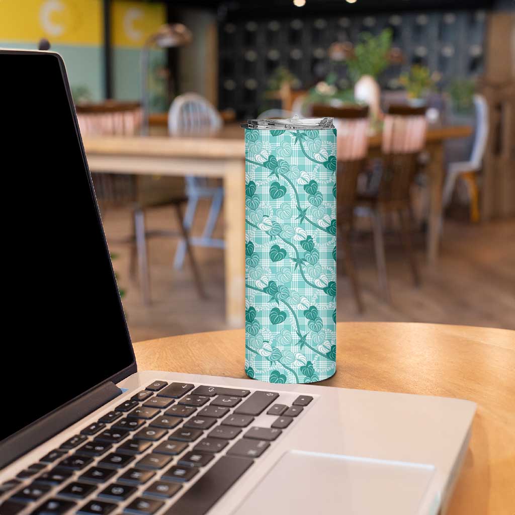 Anthurium Pikake Ti Leaf Palaka Skinny Tumbler Turquoise Version LT01 - Polynesian Pride