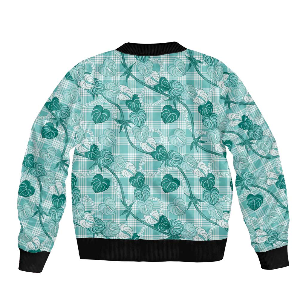 Anthurium Pikake Ti Leaf Palaka Sleeve Zip Bomber Jacket Turquoise Version LT01 - Polynesian Pride