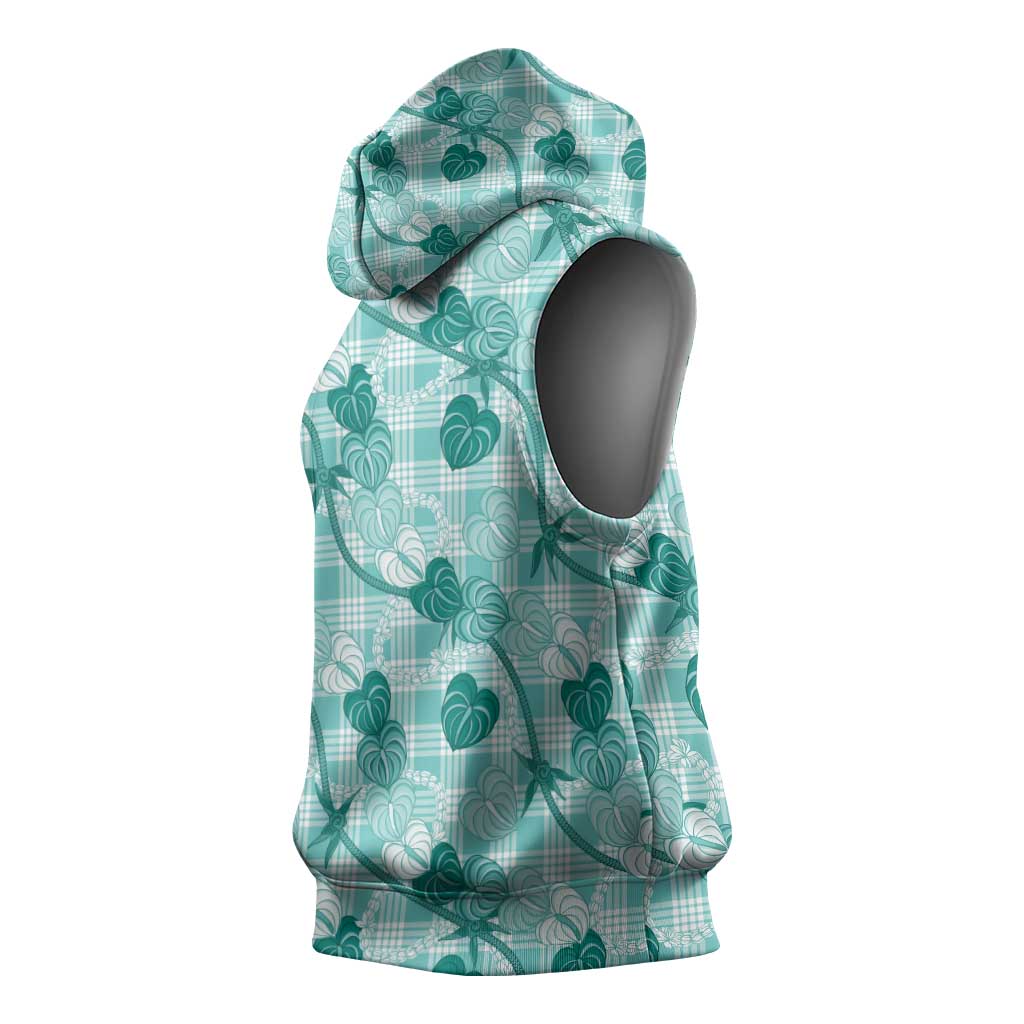 Anthurium Pikake Ti Leaf Palaka Sleeveless Hoodie Turquoise Version LT01 - Polynesian Pride