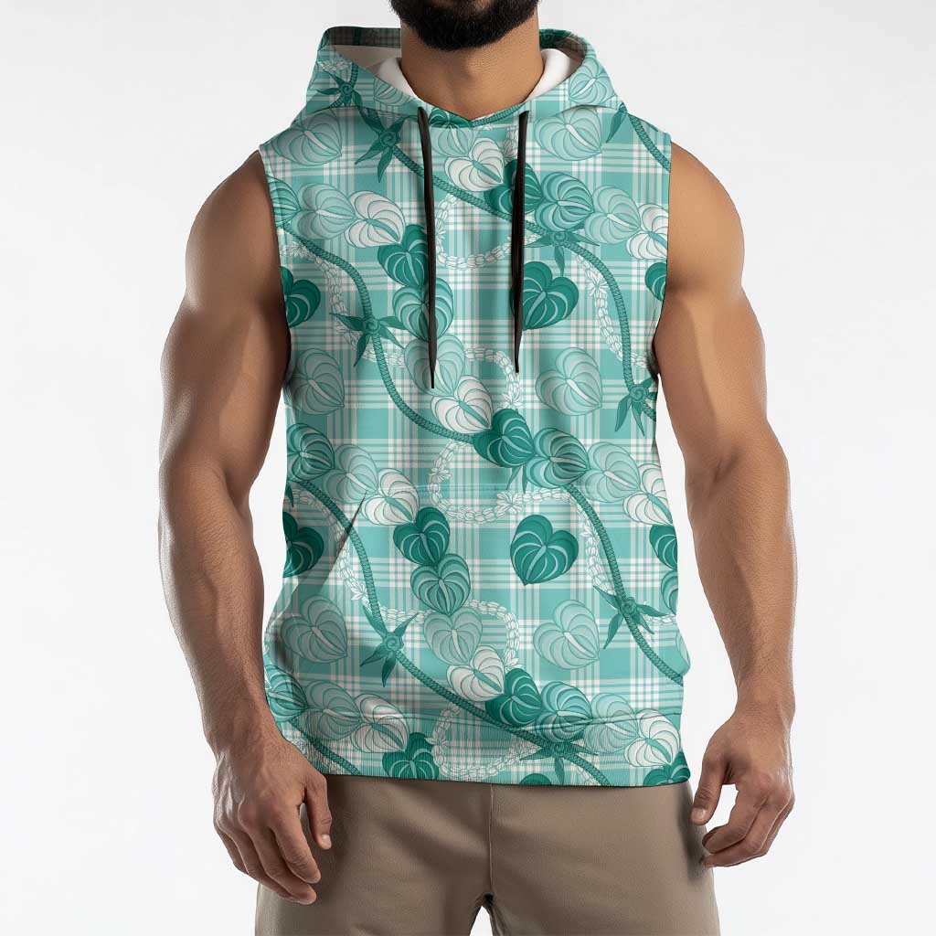 Anthurium Pikake Ti Leaf Palaka Sleeveless Hoodie Turquoise Version LT01 - Polynesian Pride