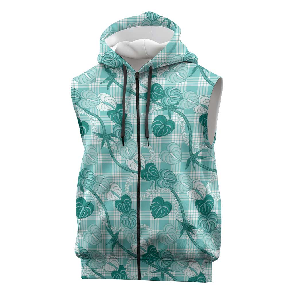 Anthurium Pikake Ti Leaf Palaka Sleeveless Zip Hoodie Turquoise Version