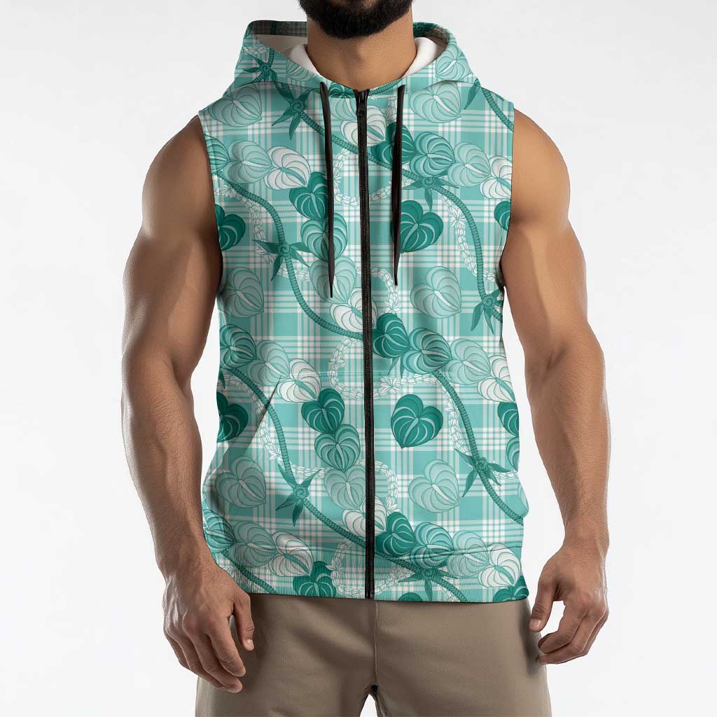 Anthurium Pikake Ti Leaf Palaka Sleeveless Zip Hoodie Turquoise Version
