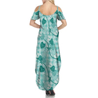 Anthurium Pikake Ti Leaf Palaka Summer Maxi Dress Turquoise Version LT01 - Polynesian Pride