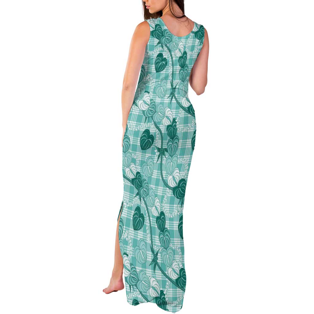 Anthurium Pikake Ti Leaf Palaka Tank Maxi Dress Turquoise Version LT01 - Polynesian Pride
