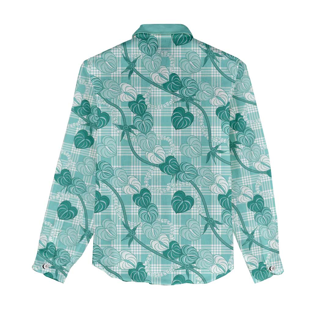 Anthurium Pikake Ti Leaf Palaka Women Casual Shirt Turquoise Version LT01 - Polynesian Pride