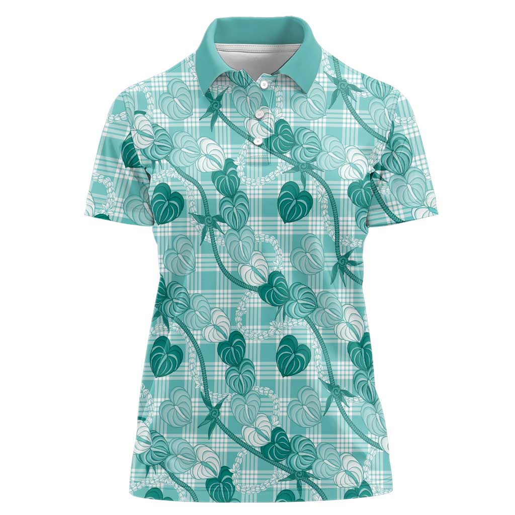 Anthurium Pikake Ti Leaf Palaka Women Polo Shirt Turquoise Version LT01 Female Turquoise - Polynesian Pride