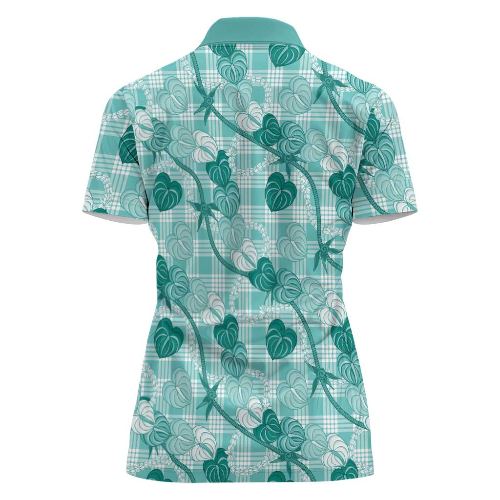 Anthurium Pikake Ti Leaf Palaka Women Polo Shirt Turquoise Version LT01 - Polynesian Pride