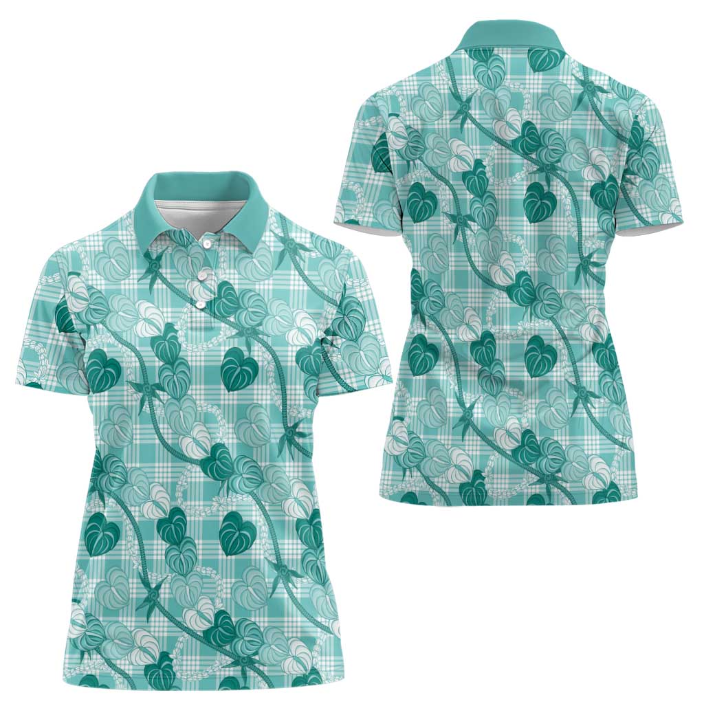 Anthurium Pikake Ti Leaf Palaka Women Polo Shirt Turquoise Version LT01 - Polynesian Pride