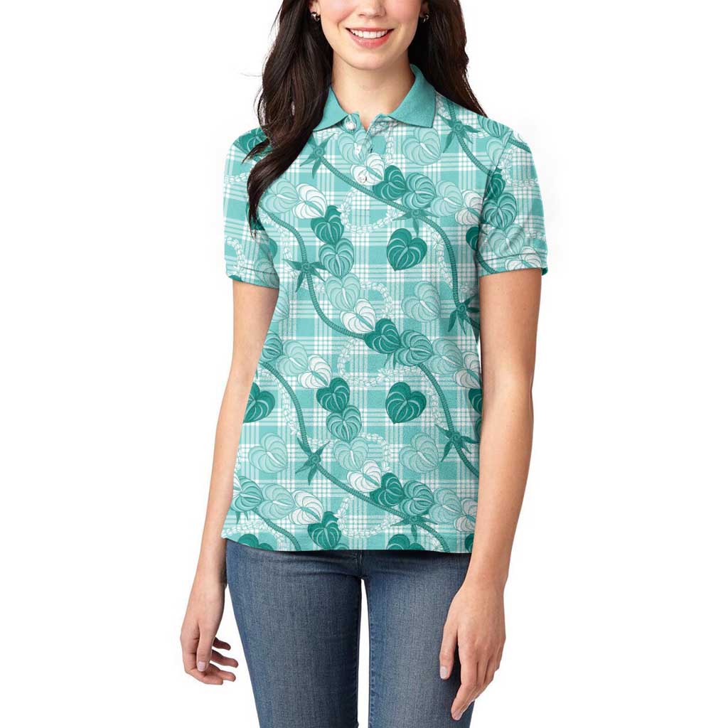 Anthurium Pikake Ti Leaf Palaka Women Polo Shirt Turquoise Version LT01 - Polynesian Pride