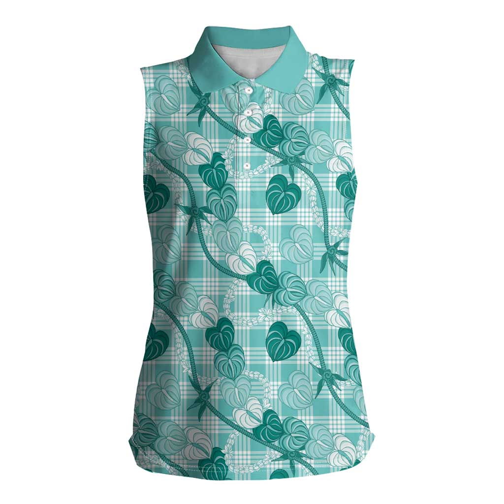 Anthurium Pikake Ti Leaf Palaka Women Sleeveless Polo Shirt Turquoise Version LT01 Female Turquoise - Polynesian Pride