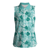 Anthurium Pikake Ti Leaf Palaka Women Sleeveless Polo Shirt Turquoise Version LT01 Female Turquoise - Polynesian Pride