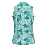 Anthurium Pikake Ti Leaf Palaka Women Sleeveless Polo Shirt Turquoise Version LT01 - Polynesian Pride