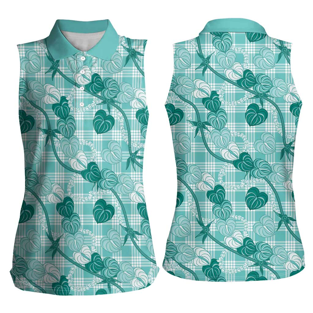 Anthurium Pikake Ti Leaf Palaka Women Sleeveless Polo Shirt Turquoise Version LT01 - Polynesian Pride