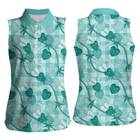 Anthurium Pikake Ti Leaf Palaka Women Sleeveless Polo Shirt Turquoise Version LT01 - Polynesian Pride