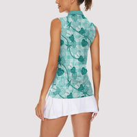 Anthurium Pikake Ti Leaf Palaka Women Sleeveless Polo Shirt Turquoise Version LT01 - Polynesian Pride