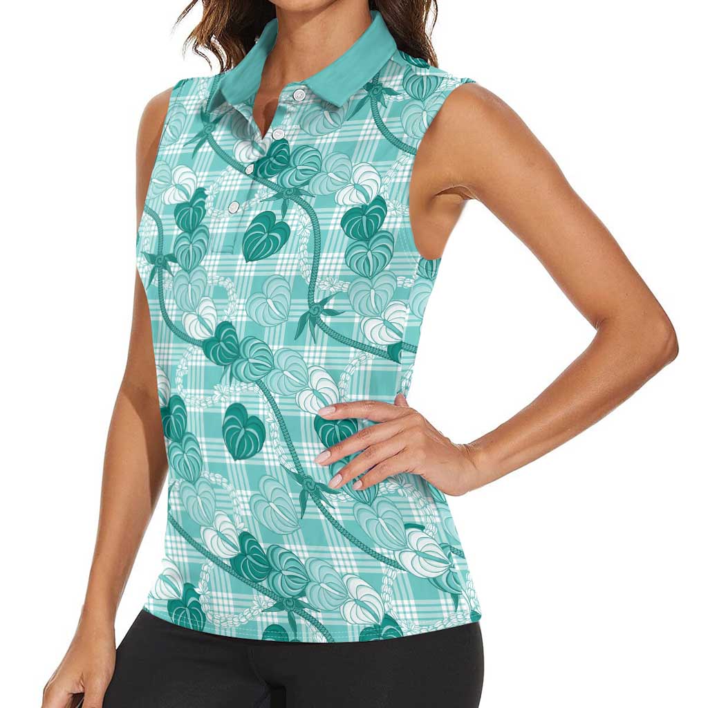 Anthurium Pikake Ti Leaf Palaka Women Sleeveless Polo Shirt Turquoise Version LT01 - Polynesian Pride
