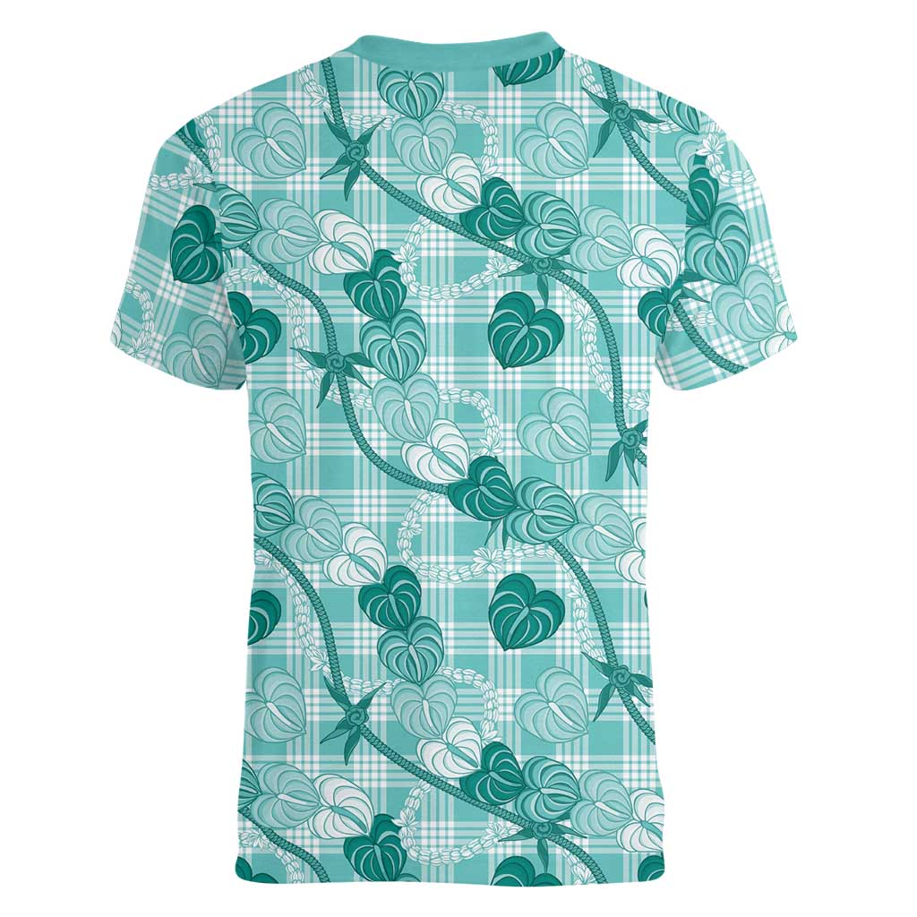 Anthurium Pikake Ti Leaf Palaka Women V-Neck T-Shirt Turquoise Version LT01 - Polynesian Pride