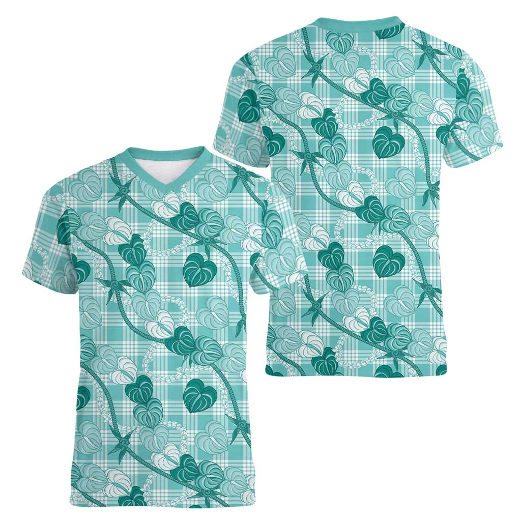Anthurium Pikake Ti Leaf Palaka Women V-Neck T-Shirt Turquoise Version LT01 - Polynesian Pride