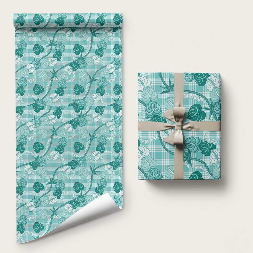 Anthurium Pikake Ti Leaf Palaka Wrapping Paper Turquoise Version LT01 58" × 23" Turquoise - Polynesian Pride