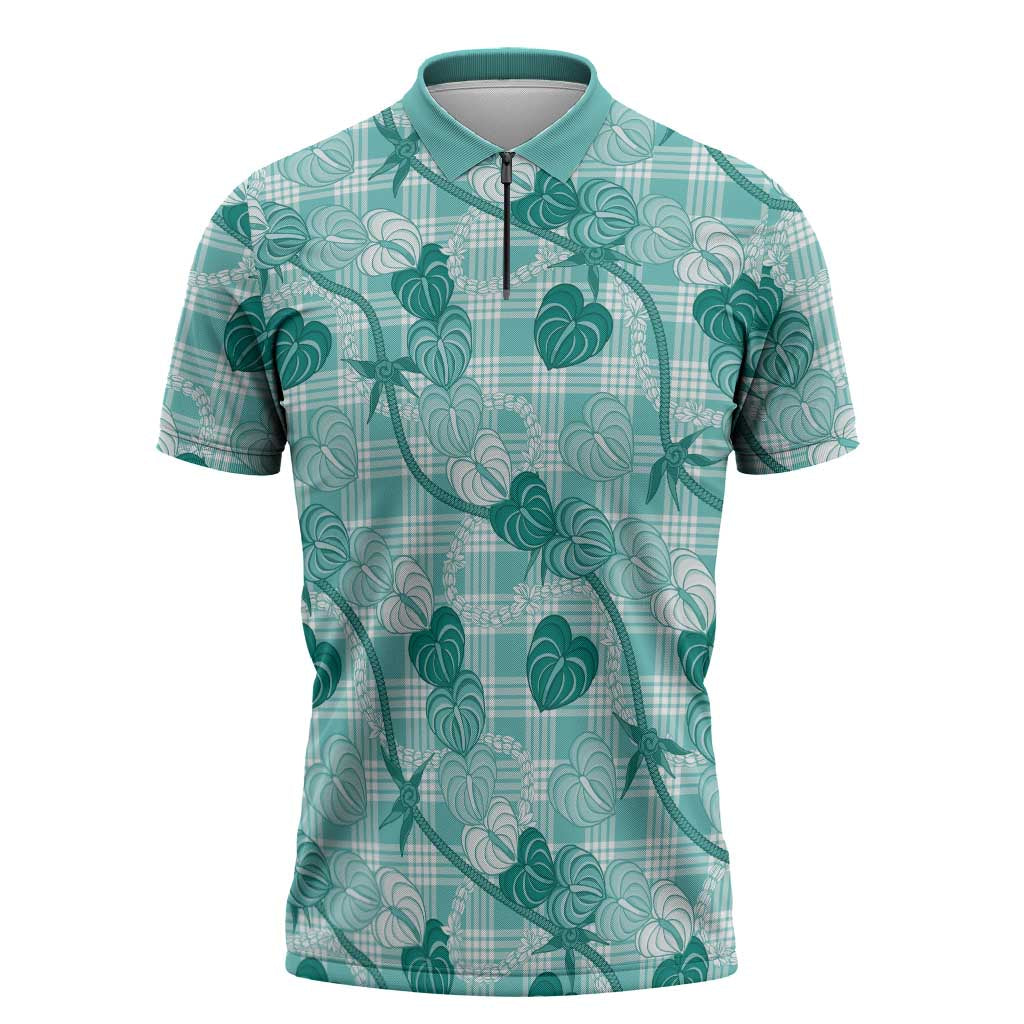 Anthurium Pikake Ti Leaf Palaka Zipper Polo Shirt Turquoise Version LT01 Turquoise - Polynesian Pride