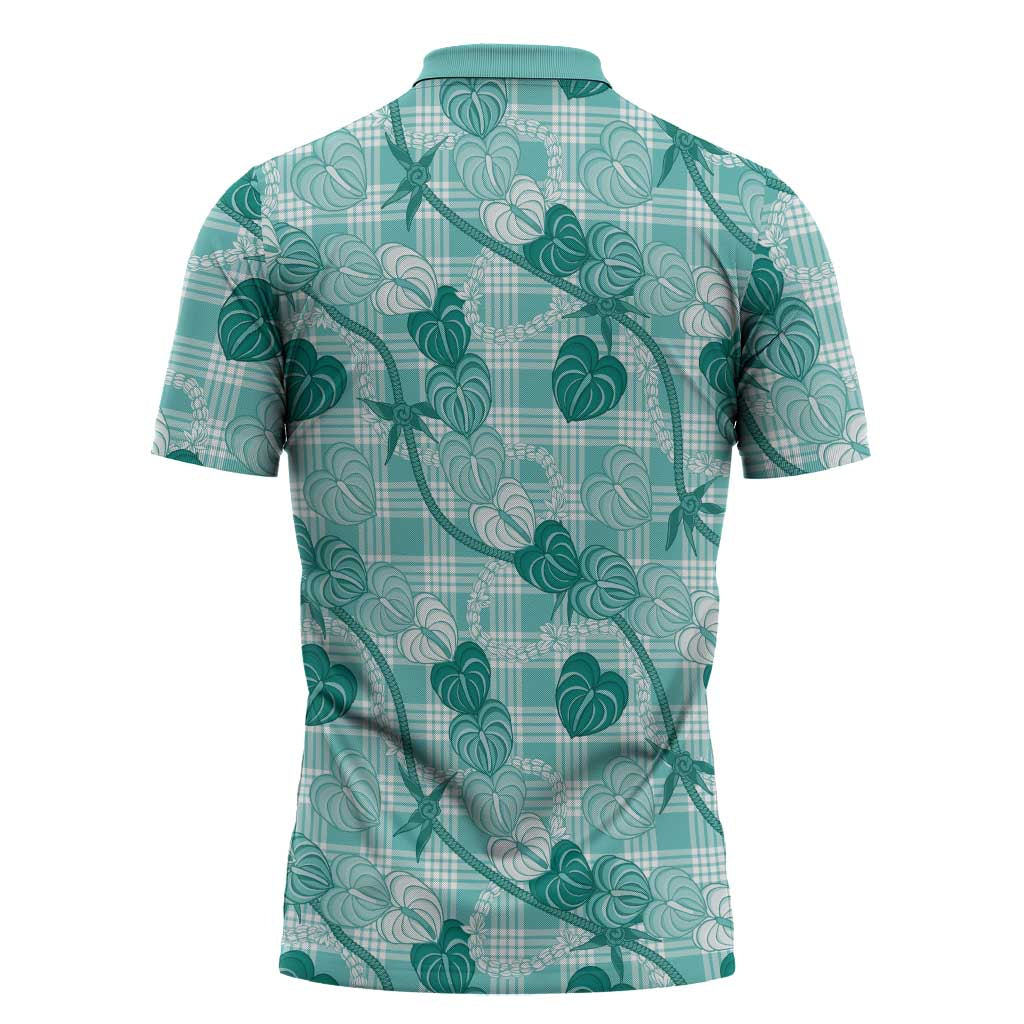 Anthurium Pikake Ti Leaf Palaka Zipper Polo Shirt Turquoise Version LT01 - Polynesian Pride