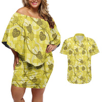 Anthurium Pikake Ti Leaf Palaka Couples Matching Off Shoulder Short Dress and Hawaiian Shirt Yellow Version LT01 Yellow - Polynesian Pride