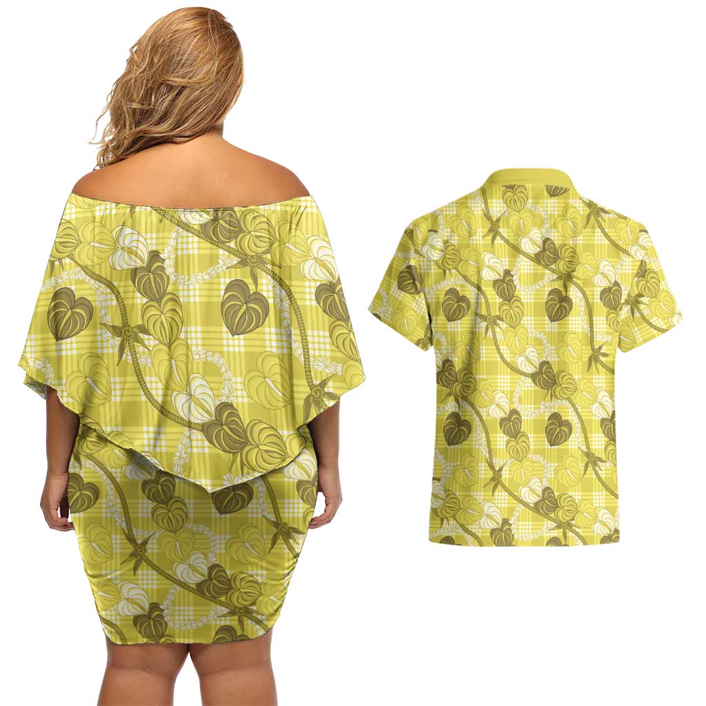 Anthurium Pikake Ti Leaf Palaka Couples Matching Off Shoulder Short Dress and Hawaiian Shirt Yellow Version LT01 - Polynesian Pride