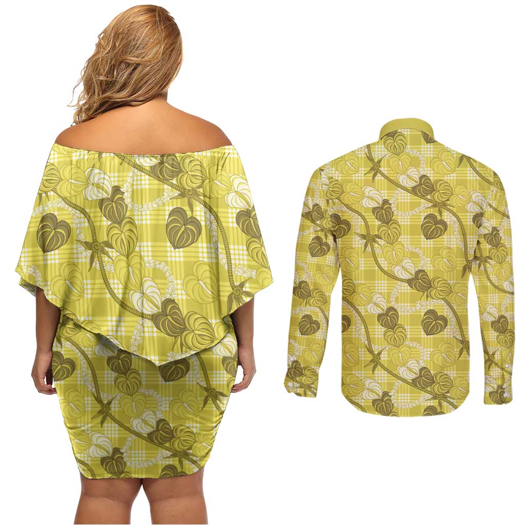 Anthurium Pikake Ti Leaf Palaka Couples Matching Off Shoulder Short Dress and Long Sleeve Button Shirt Yellow Version LT01 - Polynesian Pride